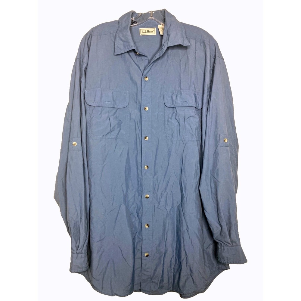 L.L. Bean Top Men Long Sleeve Button Front 100% Nylon Tall Large Blue Roll Tab